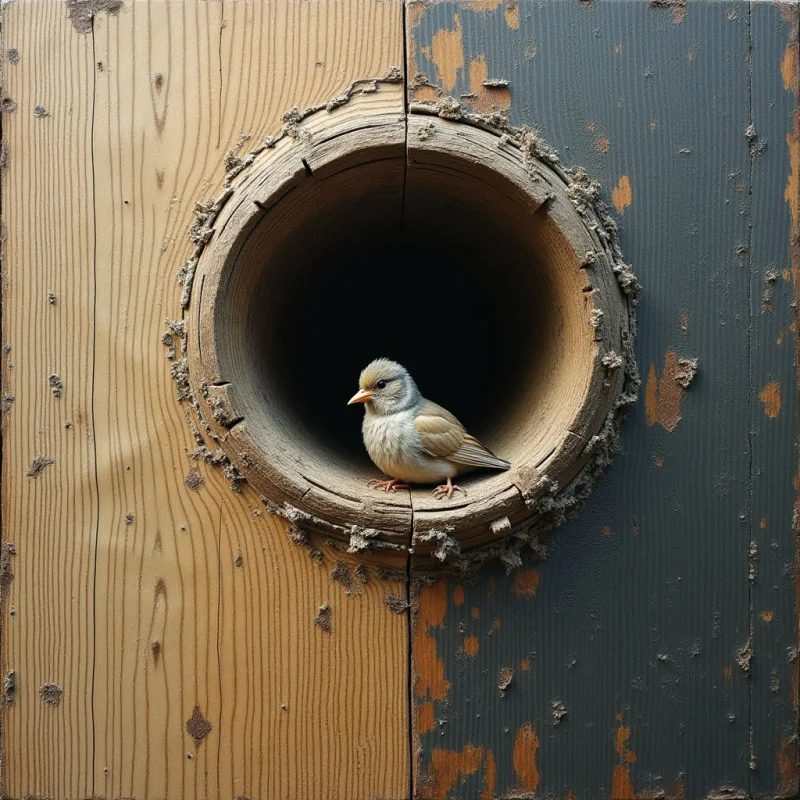 The image features a small bird perched within a circular opening in weathered wood panels. The color palette is dominated by warm browns and grays, with the left panel exhibiting lighter tones than the darker right side; both show visible grain and chipped paint textures. Light enters from the front, illuminating the bird and the immediate edges of the hole while casting the interior space into shadow, creating a strong contrast in spatial depth.