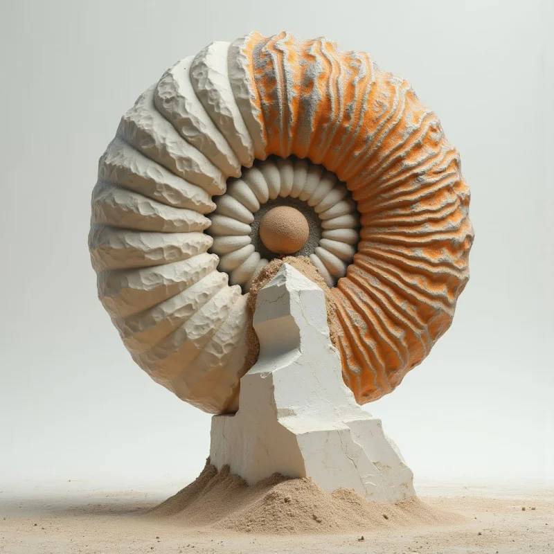A large, spiraled ammonite shell sits vertically atop a jagged white stone base resting in fine sand. The shell features deep, rhythmic ridges with a color split between off-white and earthy orange, while the center contains a smooth, tan sphere. Soft, diffused light illuminates the scene from above, casting gentle shadows that emphasize the textured grooves of the spiral and the granular surface of the sand.