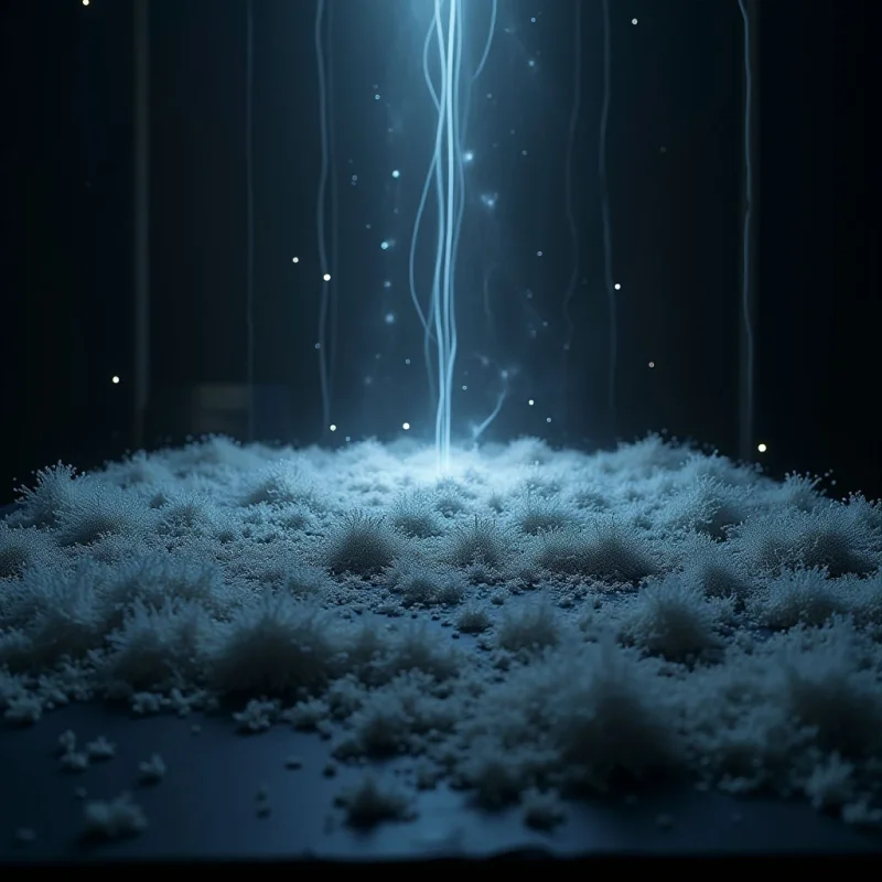 A field of white, spiky, coral-like textures covers a dark surface under a single beam of bright blue light descending from above. Thin, glowing filaments and floating particles rise through the dark background, creating a sense of vertical movement. The composition relies on high contrast between the luminous center and the surrounding deep shadows.