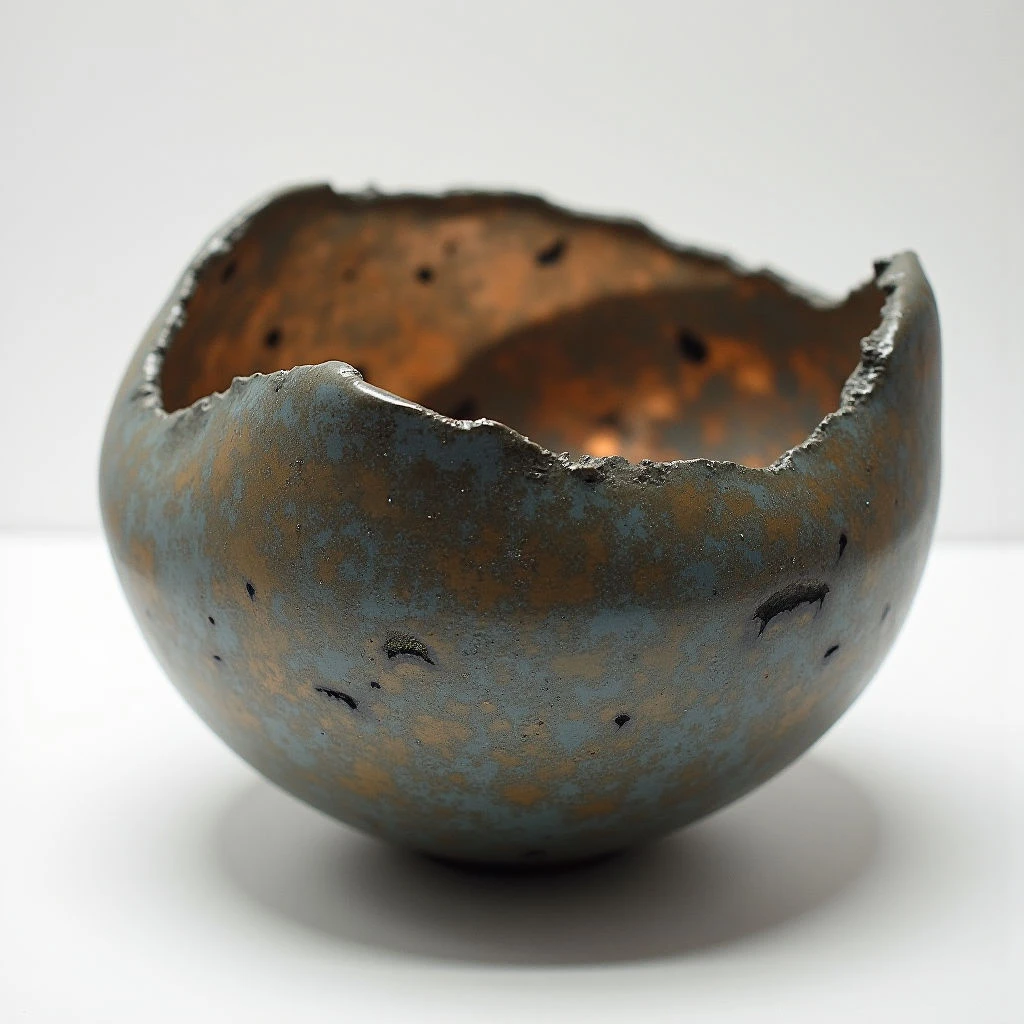 The object is a roughly spherical form with a mottled surface of blues, browns, and grays. The exterior texture appears granular and uneven, contrasting with the smoother, warmer copper tones visible within its irregular opening. Light reflects off the outer surface while the interior remains darker, creating depth and emphasizing the hollow space inside.