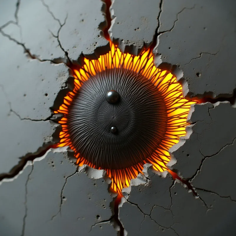 A dark, textured sphere with fine radial ridges sits centered within a jagged, crater-like opening in a matte gray surface. Intense orange light glows from beneath the sphere, casting sharp highlights on its rounded protrusions and illuminating the irregular edges of the surrounding cracks. The composition features a stark contrast between the smooth, dark central form and the rough, fragmented gray material that radiates outward.
