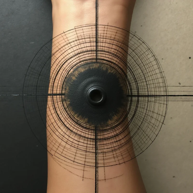 A central black circular void with a raised, textured rim sits within concentric rings of fine black lines drawn over human skin. The composition is divided vertically by a dark gray surface on the left and a light beige, speckled texture on the right. Thin geometric grids intersect with the circular patterns, creating a sense of layered mathematical precision against the smooth organic tones of the arm.