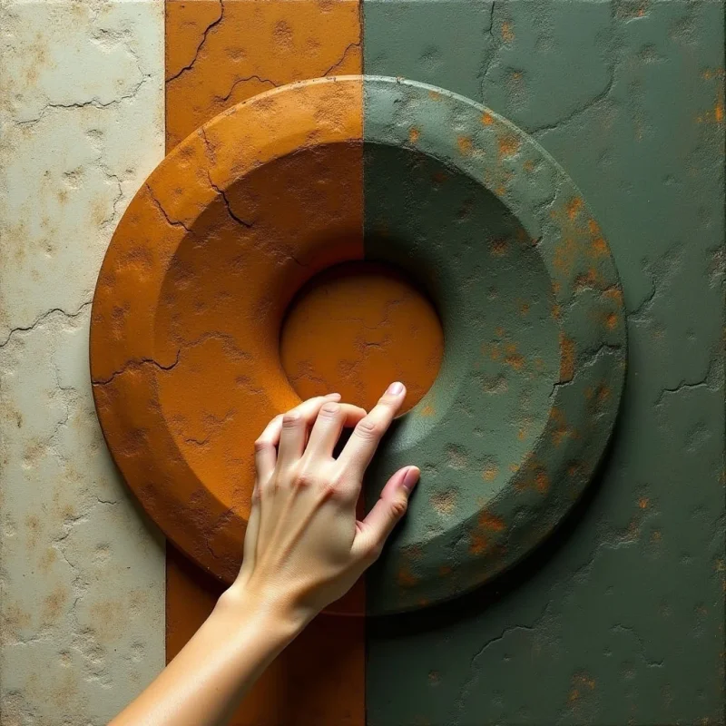 A large, textured ring in ochre and muted green tones dominates a background divided into vertical stripes of cream, orange, and dark sage. A pale human hand reaches upward from the bottom left, its fingers resting against the inner edge of the circular form. Soft light creates subtle shadows within the cracks and crevices of the weathered, stony surfaces, establishing a shallow sense of depth.