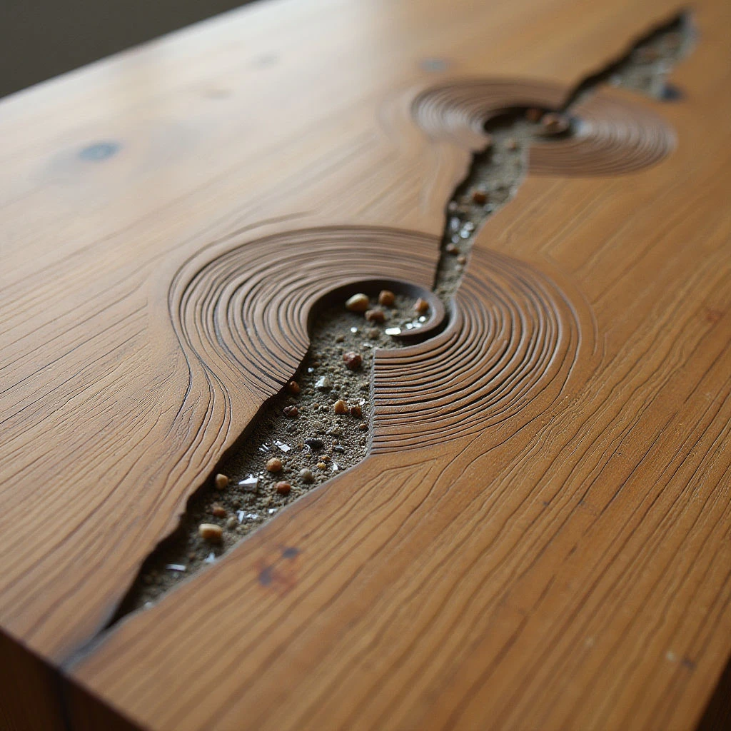 The image features a warm palette of golden browns and tans across a wooden surface with visible grain. Concentric, carved lines create circular depressions that flow into an irregular, winding channel filled with small stones and resin. Light subtly highlights the varying depths of the carving and the textures within the stone-filled crevice, while the overall spatial arrangement suggests a shallow, horizontal plane.