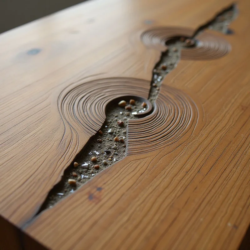 The image features a warm palette of golden browns and tans across a wooden surface with visible grain. Concentric, carved lines create circular depressions that flow into an irregular, winding channel filled with small stones and resin. Light subtly highlights the varying depths of the carving and the textures within the stone-filled crevice, while the overall spatial arrangement suggests a shallow, horizontal plane.