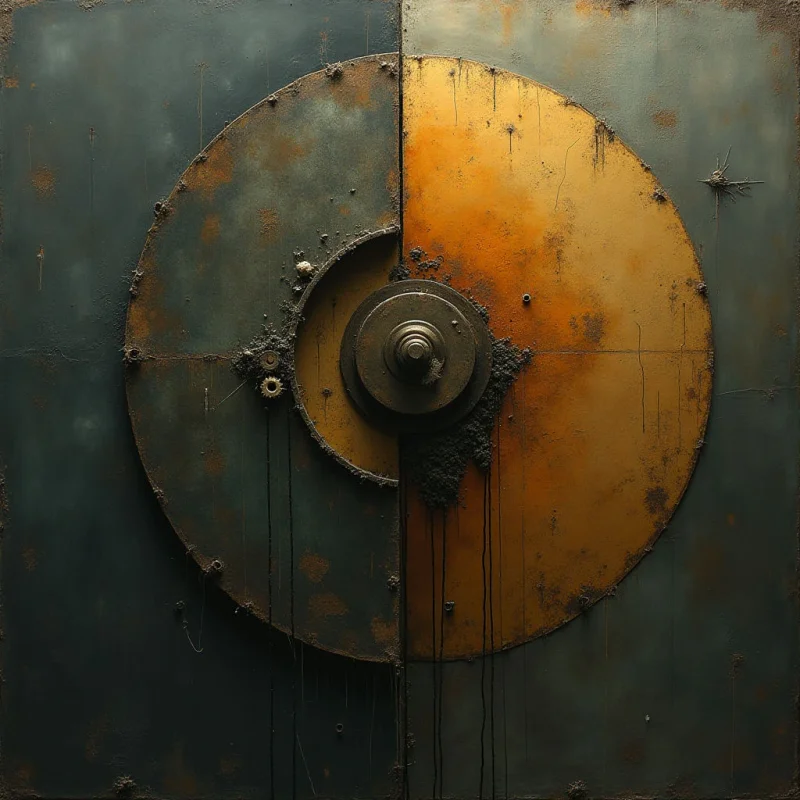 A large circular form is divided vertically by color, featuring a dark slate grey on the left and an ochre orange on the right. The composition is defined by weathered, gritty textures with rusted patches, irregular crusty growths, and thin vertical drip lines. A central cylindrical protrusion creates a sense of depth against the flat, square background.