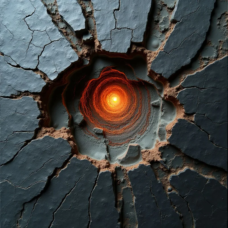 A central glowing orange core radiates light through a swirling, circular vortex of fiery lines. This luminous center is surrounded by jagged, dark gray fractured surfaces with rough, granular textures along the edges of the cracks. The composition follows a radial pattern, where broken stone-like shapes pull away from the bright focal point toward the edges of the frame.