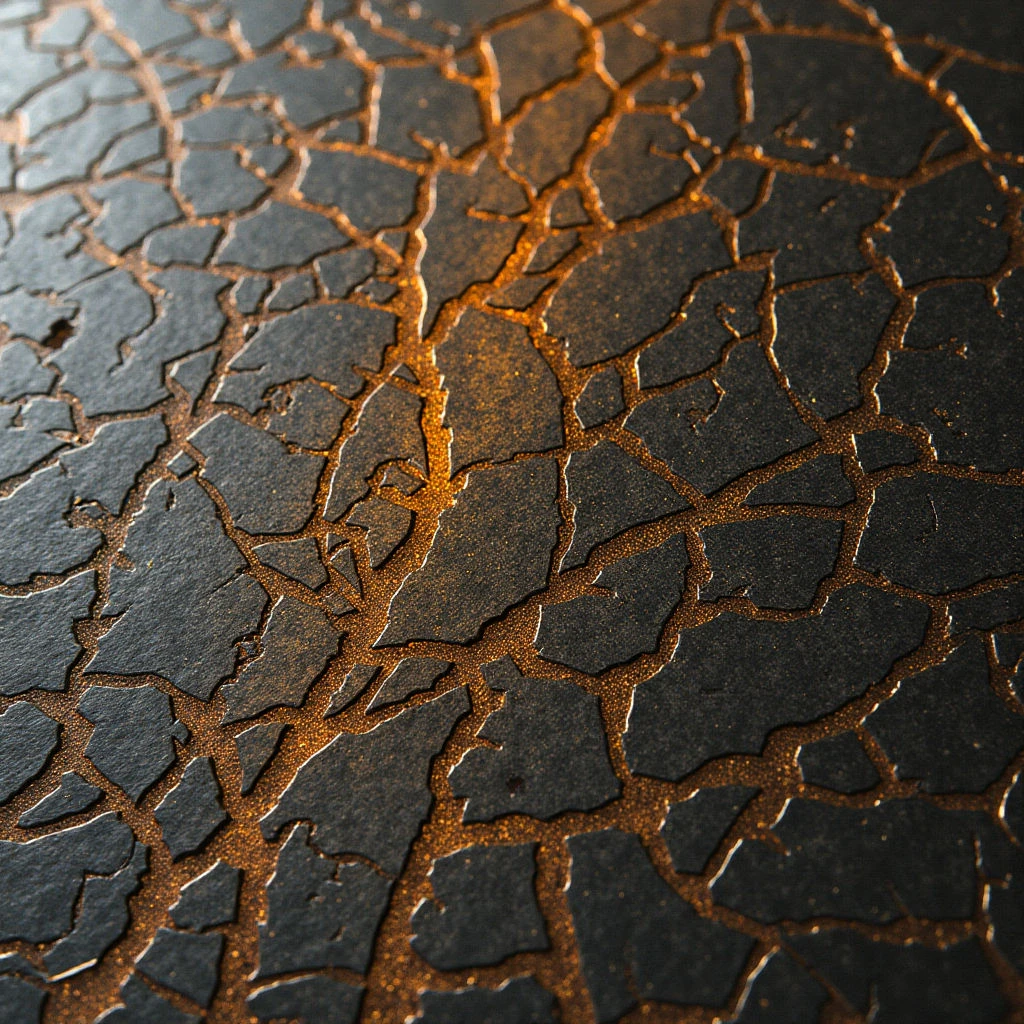 The image features a dark, primarily black surface intersected by a network of fractured lines revealing an orange underlayer. The texture appears rough and uneven with distinct cracks and broken segments across the composition. Light subtly highlights the edges of the fractures and the orange material beneath, creating depth within the close-up spatial arrangement.