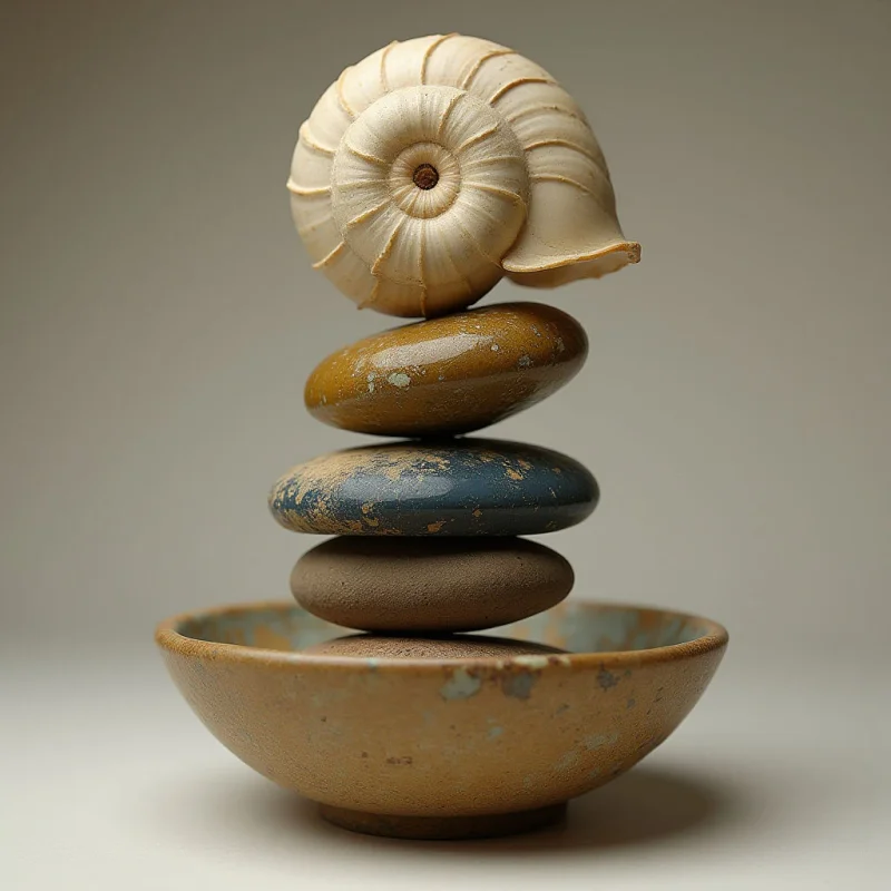 A vertical stack of smooth, rounded objects—a large seashell atop three layered stones and a ceramic bowl—is centered against a neutral, light gray background. The composition features earthy tones of cream, ochre, slate blue, and tan, with textures ranging from the ribbed surface of the shell to the mottled, matte finish of the stone and bowl. Soft, diffused light creates gentle shadows beneath each element, emphasizing the balanced spatial relationship between the stacked forms.