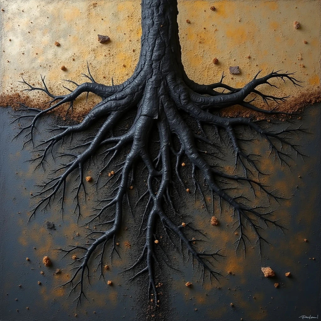 The image features a dark, complex network of roots extending downwards from a thick tree trunk against a background divided into two color fields: a muted golden yellow above and a deep blue-gray below. Textural variation is present in the rough bark of the roots and subtle speckling across both background areas, with scattered rocky forms appearing throughout. Light appears to be diffused, creating soft shadows and highlighting the three-dimensional form of the root system while maintaining relatively even illumination.