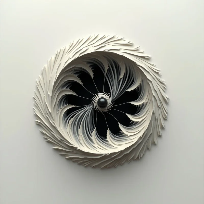 A circular arrangement of layered, cream-colored organic forms radiates from a dark central sphere against a pale gray background. The composition features repetitive, petal-like shapes with fine, ridged textures that create a sense of rhythmic movement and depth. Soft, diffused lighting casts gentle shadows between the overlapping layers, emphasizing the three-dimensional relief of the structure.