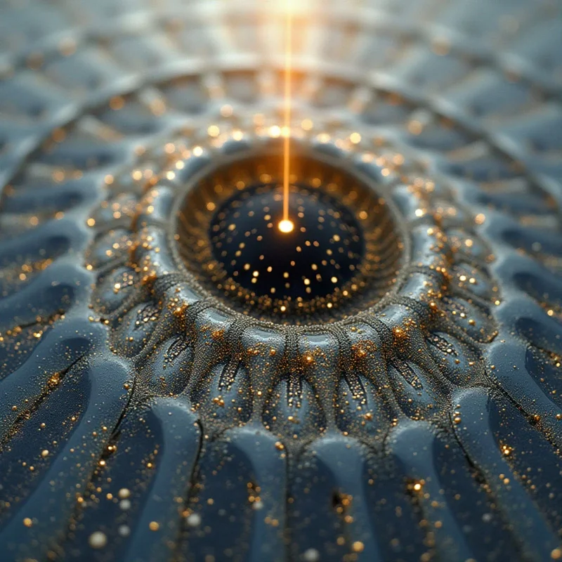 The image features a central circular form surrounded by radiating, petal-like structures in shades of blue and gold. A speckled dark center is highlighted by a bright golden light source extending upwards from its core, creating a sense of depth. Textures range from smooth, glossy surfaces to granular details, with fine points of light scattered across the composition.
