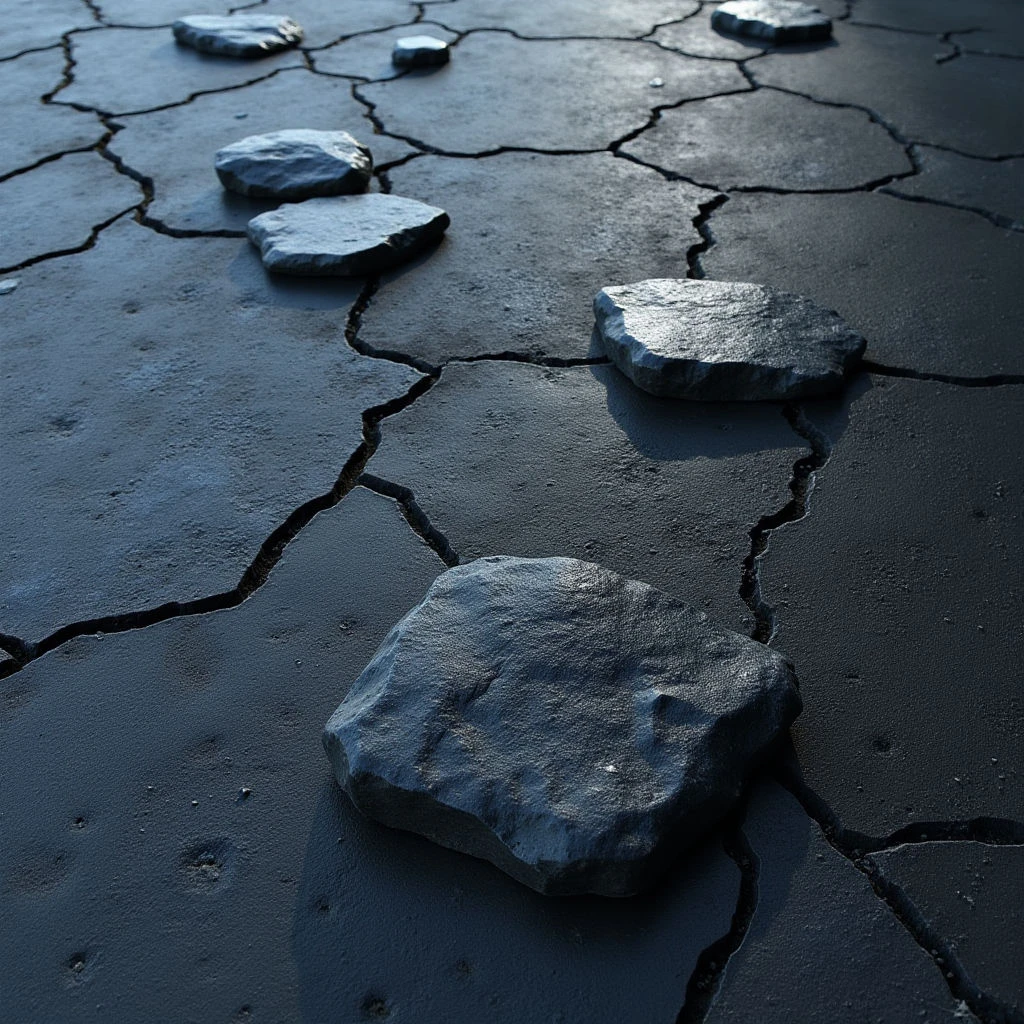 The image features a dark, predominantly blue and gray color palette with variations in shade suggesting depth and shadow. A network of irregular cracks dissects a flat surface, punctuated by roughly polygonal stone shapes scattered across the composition. Light falls unevenly, creating highlights on the stones and emphasizing their textured surfaces while casting long shadows that contribute to a sense of spatial recession.