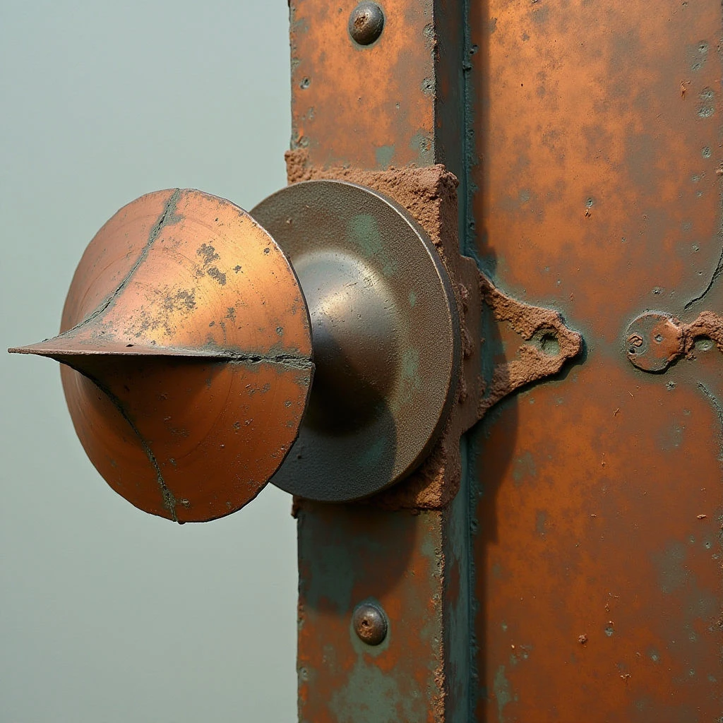 The image features a predominantly warm palette of oranges and browns, with accents of green verdigris where corrosion is visible on metal surfaces. Rough, pitted textures characterize the aged metal, contrasting slightly with smoother, rounded shapes like a projecting dome and cylindrical form. Light appears diffuse, casting subtle shadows that emphasize the three-dimensional relationship between these elements attached to a vertical supporting structure.