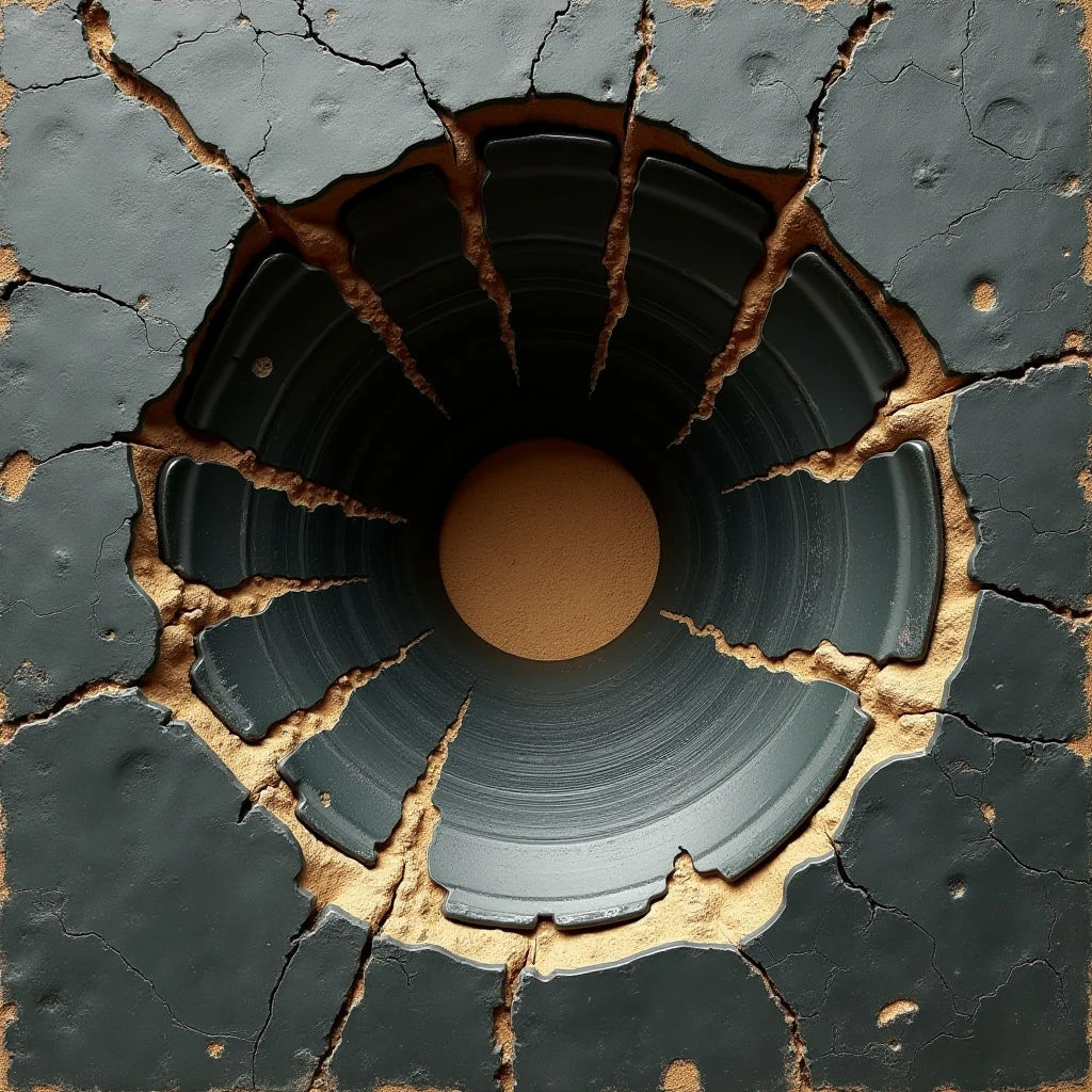 The image features a dark gray, heavily textured surface with numerous cracks and small holes breaking apart to reveal a circular opening. Within the opening is a smooth, cylindrical form in shades of brown and darker gray, receding into darkness at its center. Light appears strongest on the cracked exterior surface, creating highlights and shadows that emphasize the rough texture, while the interior space remains comparatively dim.