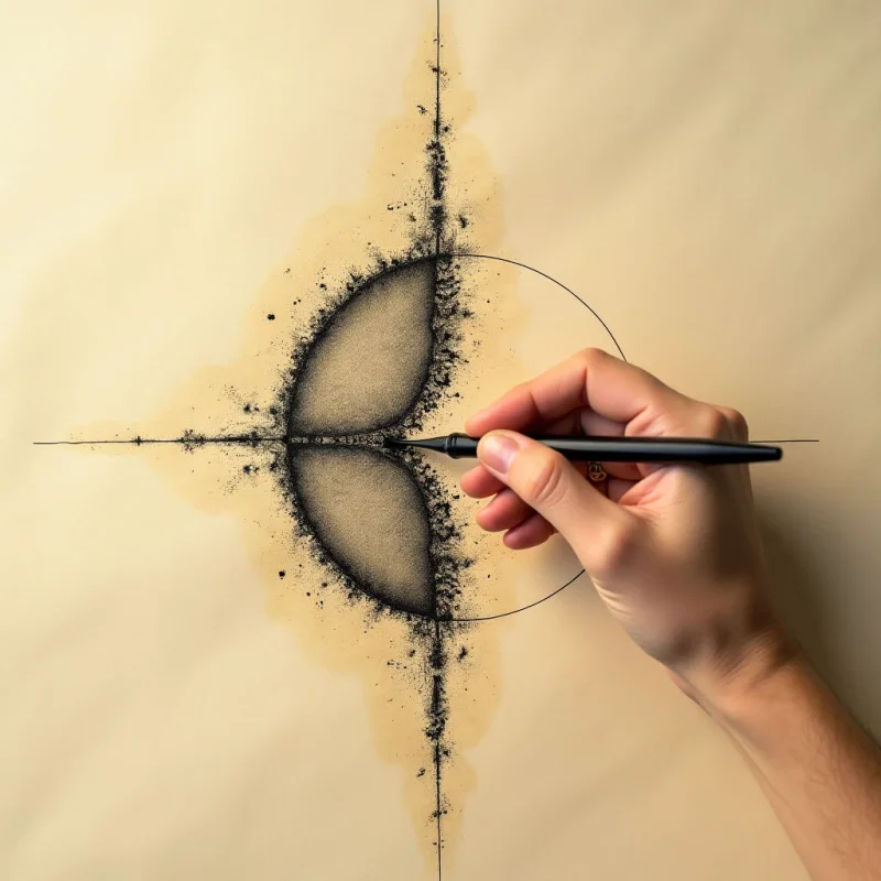 A hand holds a black pen against a cream-colored paper featuring a central circular motif composed of dark, granular ink splatters and thin, intersecting lines. The composition is defined by a symmetrical arrangement of textured black pigment expanding outward in vertical and horizontal axes. Soft, directional light creates gentle shadows around the hand and emphasizes the grainy texture of the ink on the smooth paper surface.