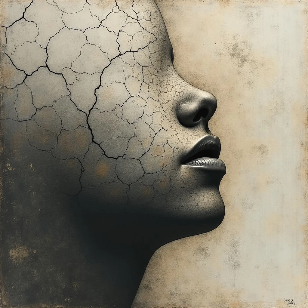 The image features a profile of a face transitioning from smooth, polished form to cracked and fragmented texture. A muted palette of grays and creams dominates, with darker tones concentrated on the left side and lighter shades towards the right. Light appears to originate from the front-right, highlighting the facial contours while casting shadows that emphasize the depth of the cracks and the overall three-dimensional quality of the subject.