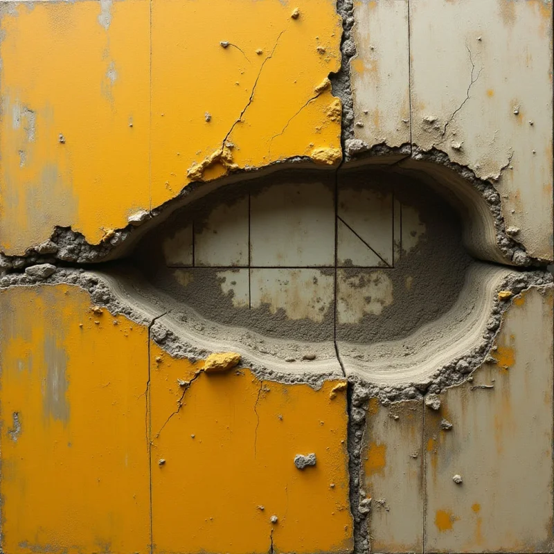 A large, jagged opening in a split yellow and off-white paneled surface creates an eye-like shape in the center. The textured, crumbling edges of the breach reveal dark, gritty interior layers and a grid pattern within the void. Light is distributed evenly across the flat surfaces, highlighting cracks and rough, uneven material transitions.