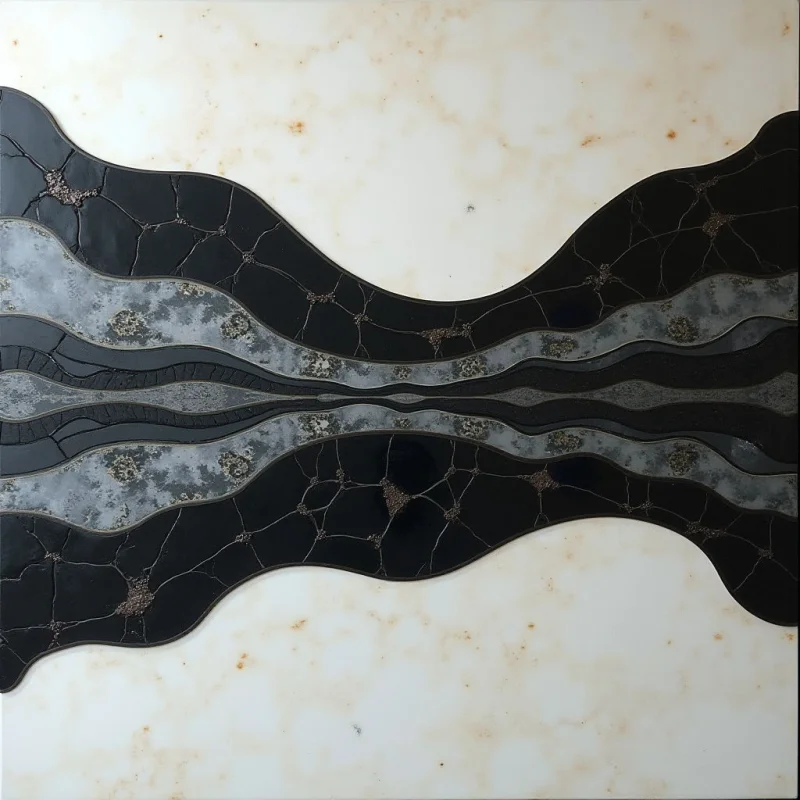 The image features a central, horizontally oriented band composed of layered dark and silvery materials against a pale background. The dark layers exhibit a cracked texture with interspersed golden flecks, while the lighter portions appear smoother and more reflective. Spatial relationships suggest depth through overlapping bands, contrasting with the flat expanse of the surrounding white area which has subtle variations in tone.