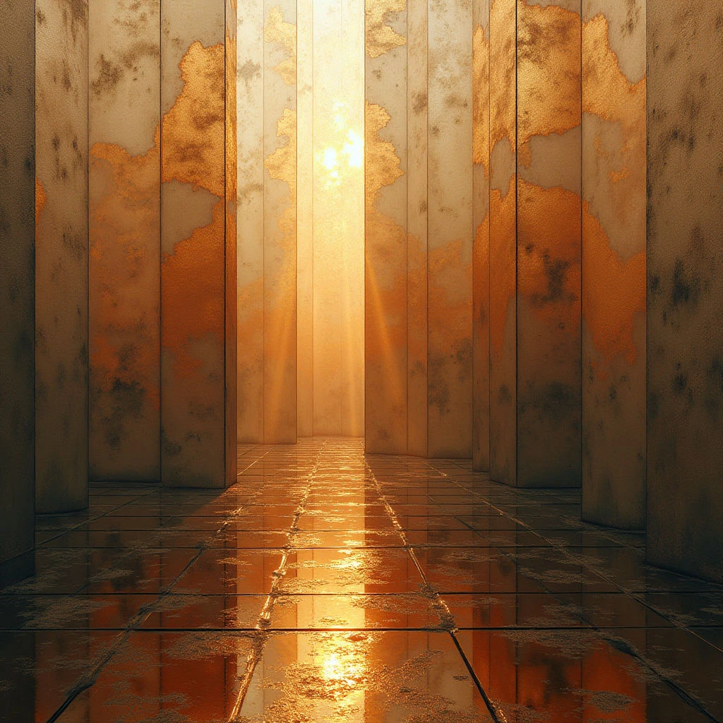 The image depicts a long corridor defined by tall, rectangular pillars receding into the distance. Warm tones of gold and amber dominate, with variations in saturation creating mottled textures on the pillar surfaces and reflective qualities on the tiled floor. A bright light source at the far end illuminates the space, casting strong vertical rays and establishing a sense of depth through linear perspective.