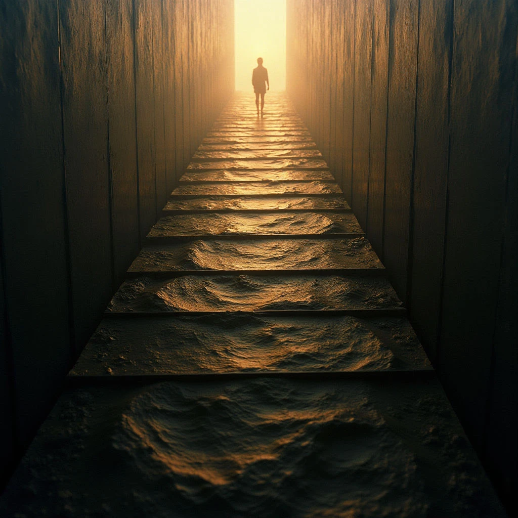 The image depicts a long corridor formed by vertically oriented dark structures receding into a bright golden light source. The floor is composed of textured, uneven rectangular shapes resembling water or rippled earth, diminishing in size with perspective towards the distant glow. A single silhouetted figure stands centered along this path, emphasizing linear spatial relationships and a sense of depth.