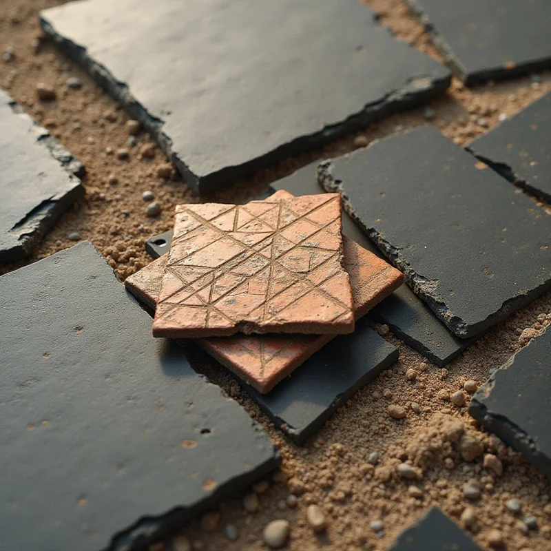 Flat, dark gray stone tiles with rough edges are scattered across a bed of fine, tan-colored sand and small pebbles. In the center, two terracotta-colored square tiles featuring etched geometric patterns rest atop one another. Soft, diffused light creates gentle shadows between the overlapping surfaces and uneven textures.