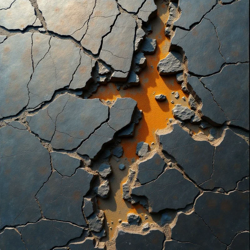 The image is dominated by dark, cool grays and blues contrasted with warm orange tones concentrated in fissures running through a fractured surface. The texture appears rough and uneven, composed of irregular polygonal shapes that create a cracked or broken pattern. Light seems to emanate from within the orange areas, casting subtle shadows and highlighting the depth of the crevices.