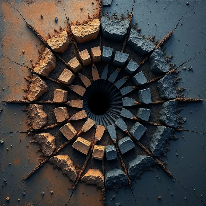 A circular arrangement of textured stone fragments radiates outward from a dark central void, split vertically into warm ochre and cool slate blue tones. Jagged cracks extend through the flat background surface, following the radial lines created by the segmented stones. The composition uses high contrast between the smooth backdrop and the rough, geometric shapes of the debris to create a sense of depth around the center.