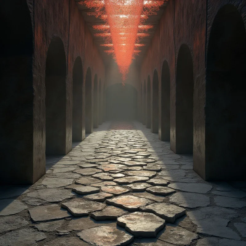 The image depicts a long corridor constructed of arched stone pillars receding into a hazy distance. Warm reddish tones dominate the overhead lighting and cast strong shadows across the textured, polygonal stone floor, while the walls are rendered in cooler grays and browns. The spatial arrangement emphasizes linear perspective with repeating shapes diminishing in size towards the center, creating a sense of depth.