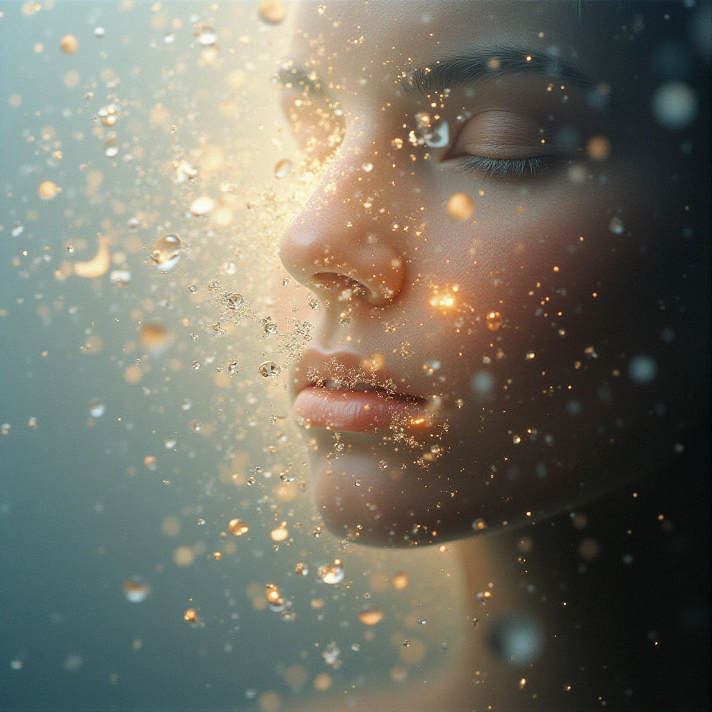 A woman’s face is partially visible, dissolving into a shower of golden particles and water droplets. Her eyes are closed as if lost in thought or emerging from a dreamlike state. The overall effect is ethereal and suggests transformation or fragmentation.