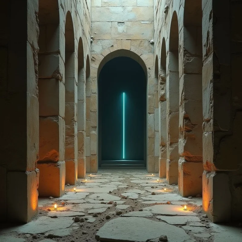 A stone corridor with arched passageways leads toward a central dark archway containing a single vertical beam of cyan light. The scene features rough, sandy textures on the tan masonry and uneven stone flooring, accented by small points of warm orange light from candles near the base of the pillars. The composition uses strong linear perspective to draw the eye through the symmetrical architectural shapes toward the glowing center.