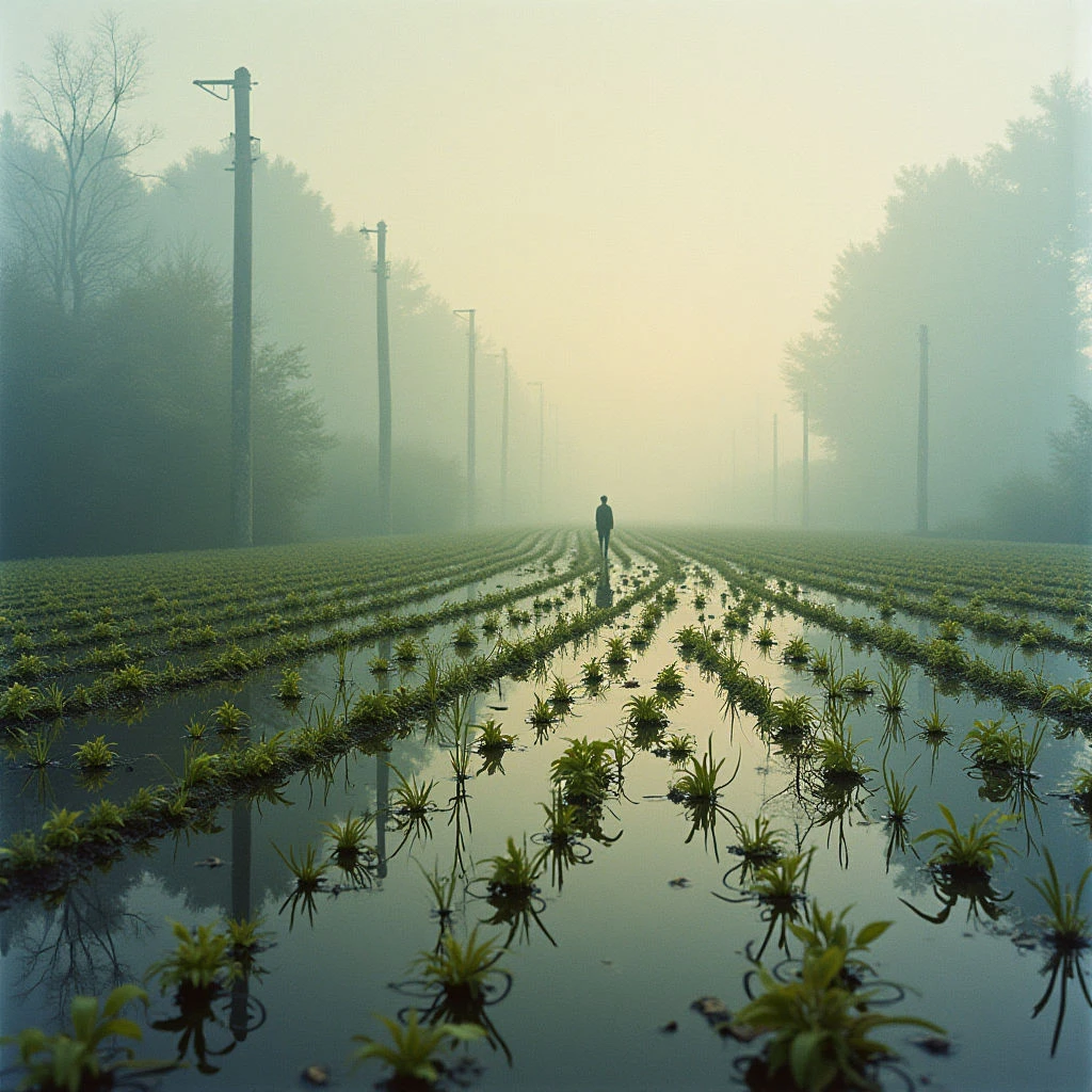 A lone figure walks down a flooded agricultural field, rows of young plants reflected in the still water. Tall utility poles line both sides of the field, disappearing into a thick, pale fog that obscures the trees beyond. The overall tone is quiet and somewhat melancholic, with muted greens and grays dominating the landscape.