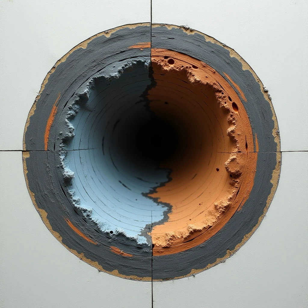 The image depicts a circular opening bisected into two contrasting color fields of muted gray and warm orange-brown. Rough, uneven textures line the perimeter of the hole, transitioning to smoother painted surfaces within each half, which converge towards a dark central void. The composition is framed by four square tiles, creating a sense of flatness despite the implied depth of the tunnel view.
