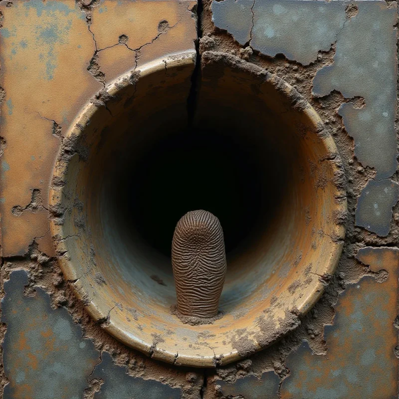 A central, dark circular void is framed by a ring of smooth, tan material and surrounded by cracked, textured surfaces in shades of earth tones and muted blue. A single, ridged vertical shape sits at the bottom center of the hollow space, casting a soft shadow against the inner wall. The composition uses heavy textures and jagged lines to contrast with the deep, shadowed depth of the central opening.