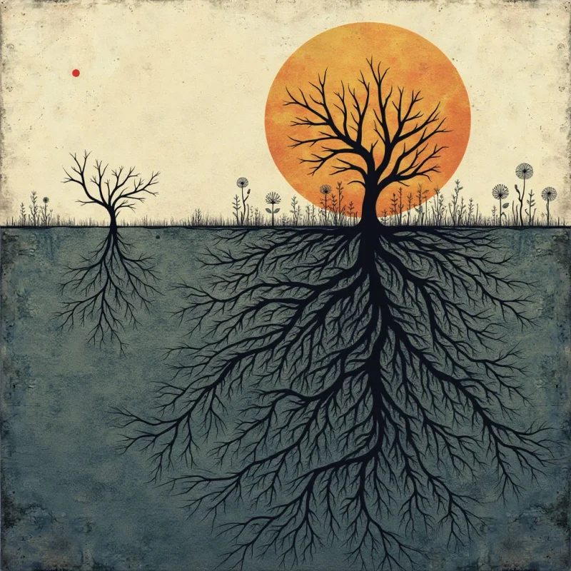 A large orange sun sits against a pale, textured cream sky, silhouetting two dark, leafless trees and sparse floral shapes along a horizontal dividing line. Below this line, expansive black root systems spread downward into a muted blue-grey field with a grainy, weathered texture. The composition is split horizontally, creating a stark contrast between the bright upper hemisphere and the dense, branching patterns of the lower half.