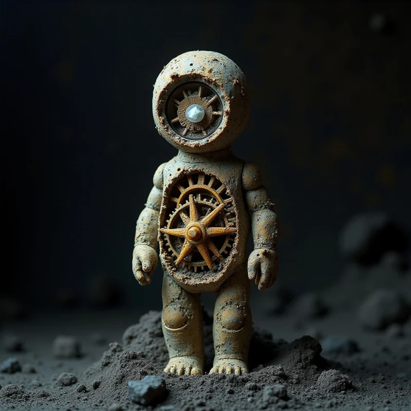 A small, humanoid figure with a textured, sandy surface stands centrally against a dark, muted background. The figure features circular gear-like indentations in its head and torso, creating a sense of mechanical depth within its organic, grainy form. Soft light illuminates the front of the figure, casting gentle shadows across its uneven terrain and the surrounding dark soil.