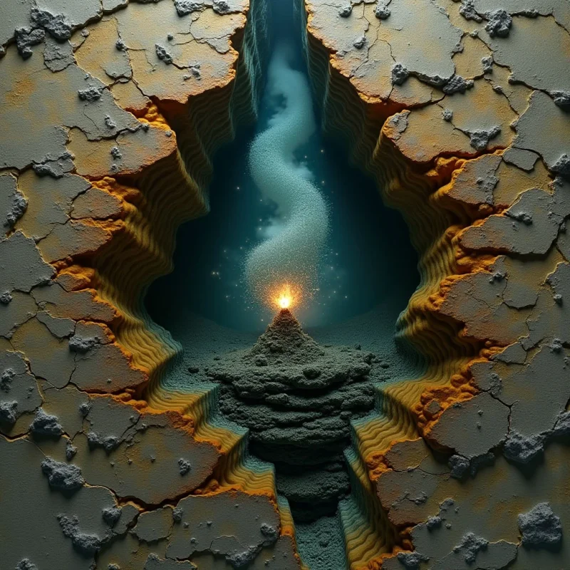 A central glowing point of orange light emits a plume of white smoke that rises through a deep, teal-colored chasm. The surrounding terrain is composed of rugged, cracked grey surfaces with layered, stepped edges in shades of ochre and tan. Jagged rock fragments are scattered across the textured ground, framing the vertical void.
