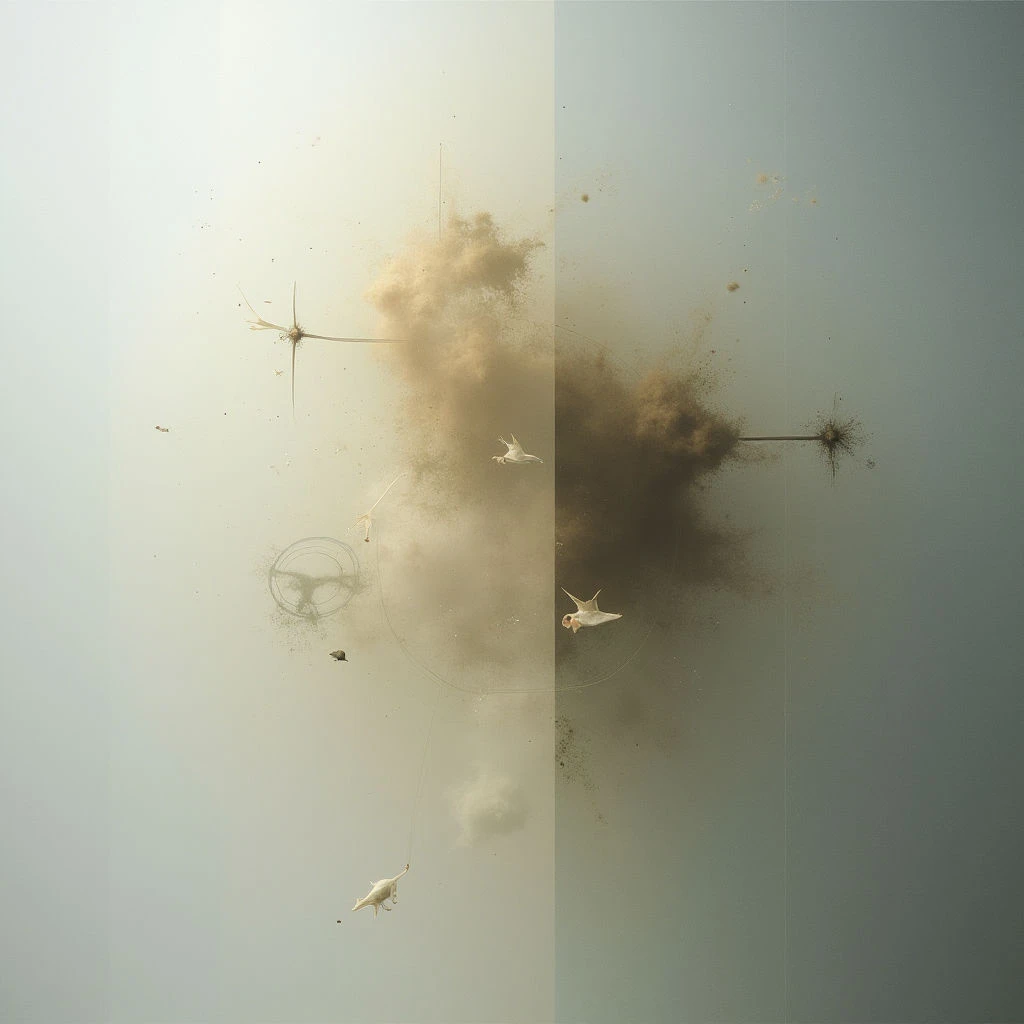 Paper airplanes are caught mid-explosion, suspended in a split composition of light and shadow. Dust and debris radiate outwards from the central bursts, with more planes visible on the left side before impact. The scene feels frozen in time, capturing a moment of chaotic destruction.