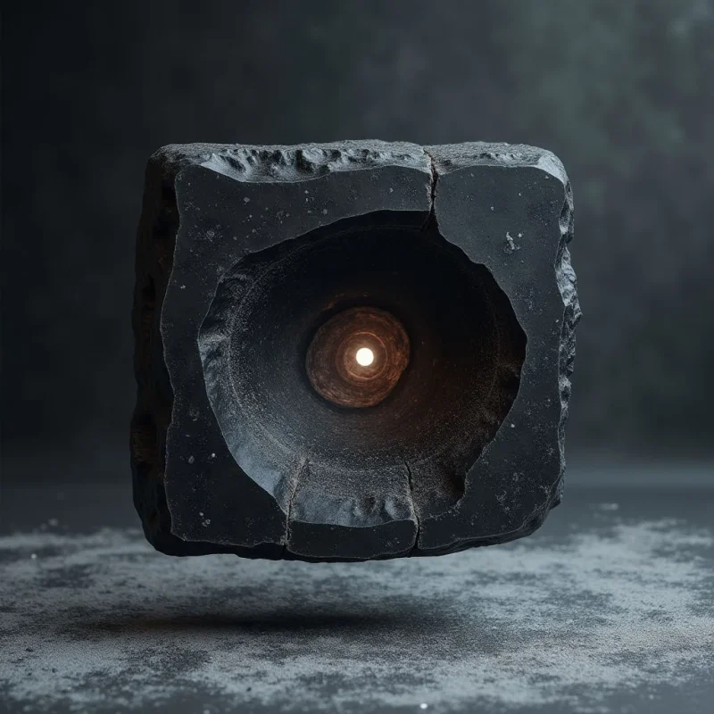 A dark, blocky stone structure with a rough, craggy texture floats centrally against a muted gray background. A deep, circular hollow recedes into the center of the object, culminating in a warm, glowing amber light at its core. The composition features sharp geometric edges contrasted by organic, uneven surfaces and soft shadows cast on the grainy ground below.