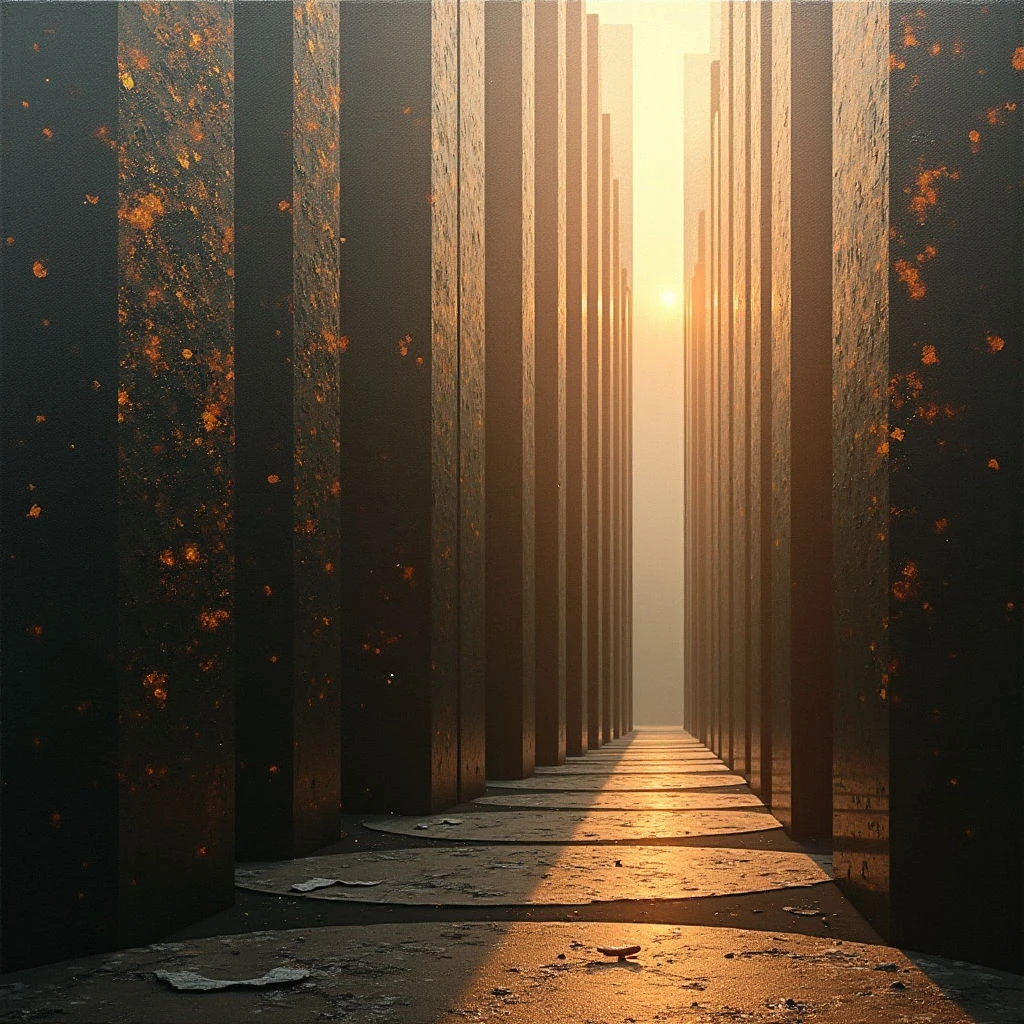 The image features a long corridor formed by tall, rectangular pillars of dark, textured material with scattered golden flecks. Warm sunlight emanates from the distant end of the passage, creating a bright central glow and casting long shadows across the ground plane which is littered with small debris. The composition emphasizes linear perspective, drawing the eye towards the light source while maintaining symmetry between the flanking pillar rows.