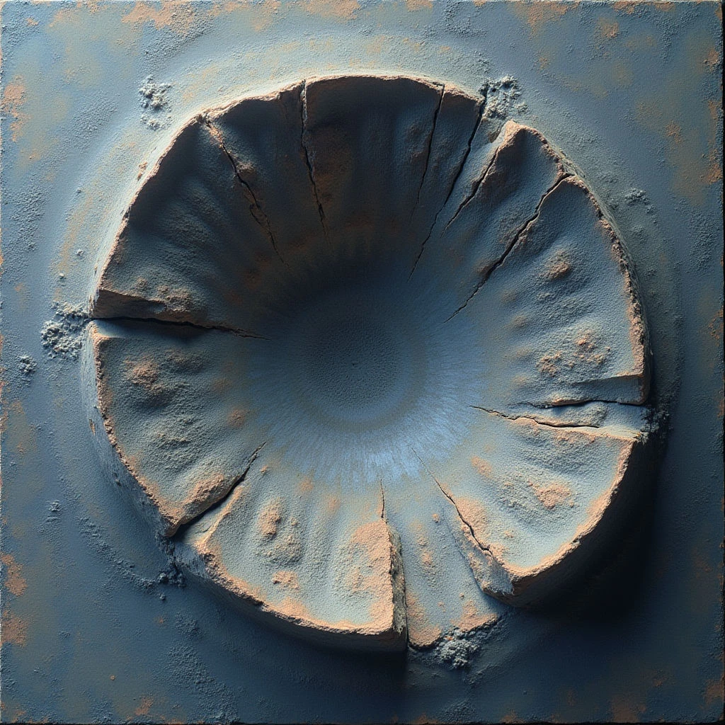 The image features a predominantly blue color palette with variations in shade and hints of tan or beige throughout. A central circular form is deeply recessed into a textured surface, surrounded by radiating petal-like shapes that exhibit cracks and uneven edges. Light appears to be diffused, creating soft shadows within the recess and highlighting the granular texture of the overall composition, while spatial depth is suggested through the contrast between the raised areas and the sunken center.