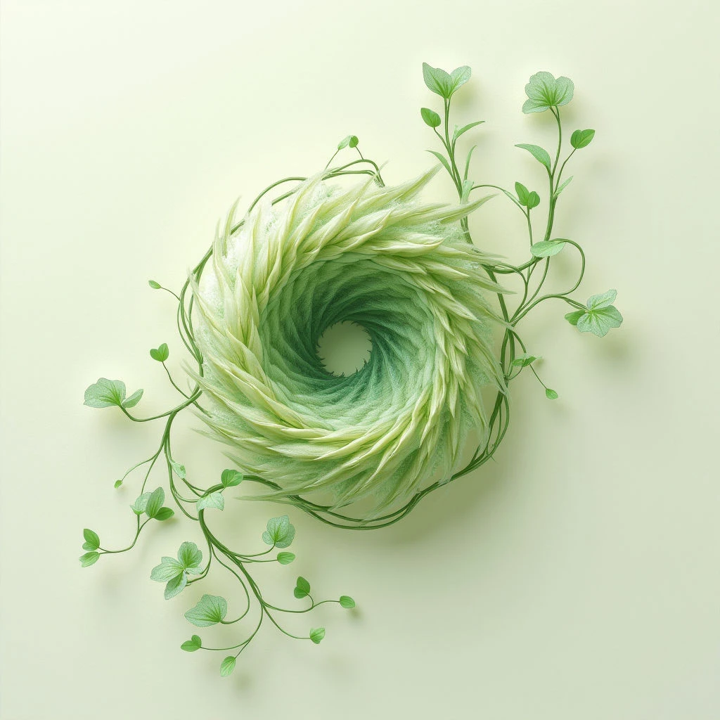 The image features a primarily green and pale yellow color palette with variations in shade creating depth. A coiled form dominates the center, exhibiting a feathery texture that contrasts with the smooth, slender stems of vine-like shapes extending outwards. Soft, diffused light illuminates the arrangement, casting minimal shadows and suggesting a flat spatial plane against a solid background.