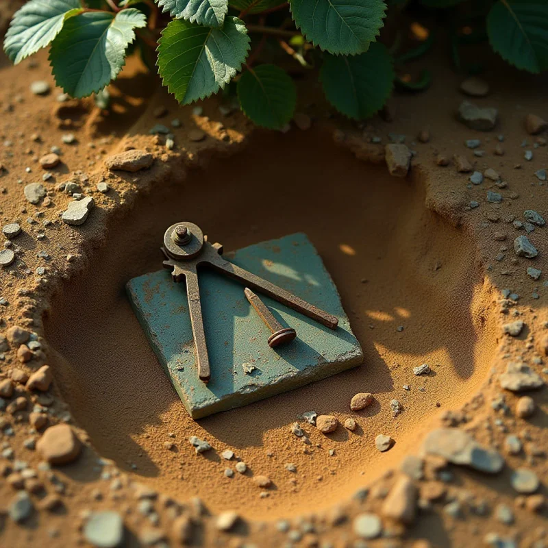 A pair of dark, metallic calipers rests atop a rectangular teal slab nestled within a shallow depression in sandy, ochre-colored earth. Green leaves with serrated edges hang from the top edge, casting soft shadows across the textured ground and scattered small stones. Sunlight illuminates the scene from the side, creating high-contrast highlights on the metal tools and deep shadows within the dirt.