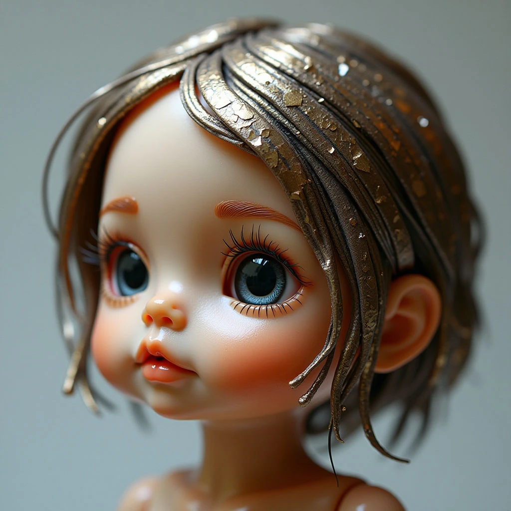 The image features a close-up portrait with a predominantly warm color palette of peach, gold, and brown tones. Smooth, polished surfaces contrast with textured strands resembling hair, creating varied visual interest across the face and head. Soft, diffused light highlights the rounded forms of the subject's cheeks and nose, while darker areas define the eyes and hairline, establishing depth within the shallow spatial plane.