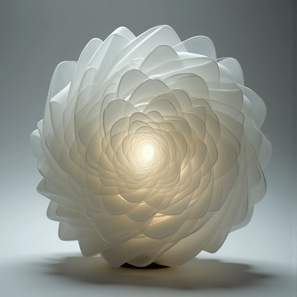 A large, swirling form resembling a blooming flower is illuminated from within, casting a soft glow. The petals are layered and translucent, creating a sense of depth and movement as they spiral towards the bright center. It rests on a smooth surface against a neutral gray background.
