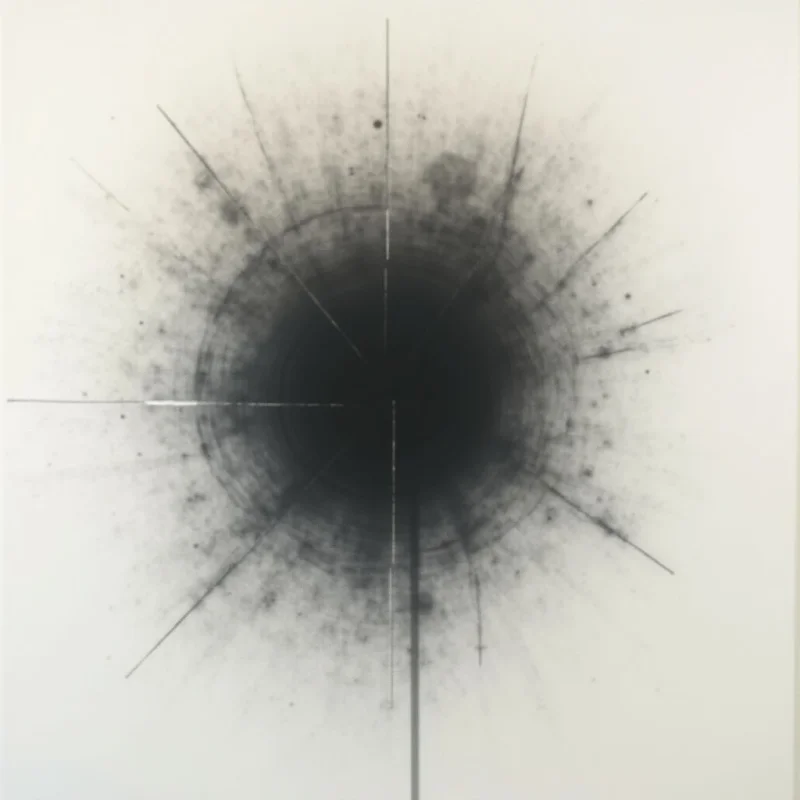 A dark, circular void dominates the center of a white space, appearing to absorb light. Radiating outwards from this darkness are numerous fine lines and smudges, creating an explosive or expanding effect. Thin, straight lines bisect the circle vertically and horizontally, adding structure to the chaotic energy surrounding the central point.