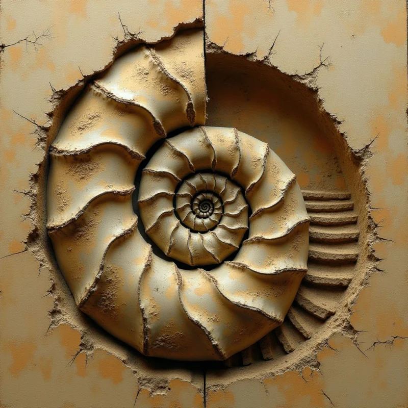 A large, cream-colored spiral shell with deep, rhythmic ridges is embedded within a textured, tan surface featuring fine cracks and jagged edges. The composition uses heavy shadows within the crevices and around the shell's perimeter to create a sense of depth against the flat background. Warm, directional light emphasizes the undulating sculptural forms and the rough, earthy grain of the material.