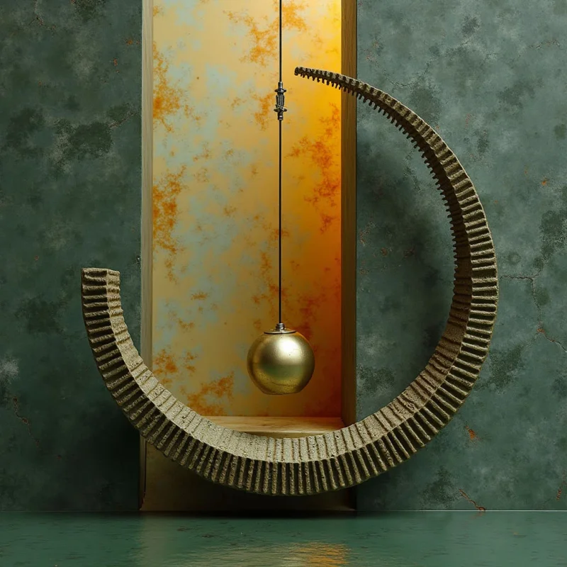 A textured, crescent-shaped ring of ribbed stone curves around a central vertical niche featuring warm gold and amber tones. A single metallic sphere hangs from a thin wire in the center of the space, positioned against a backdrop of mottled teal walls. The composition balances the organic, rough textures of the stone with the smooth, reflective surfaces of the sphere and the glowing rectangular void.