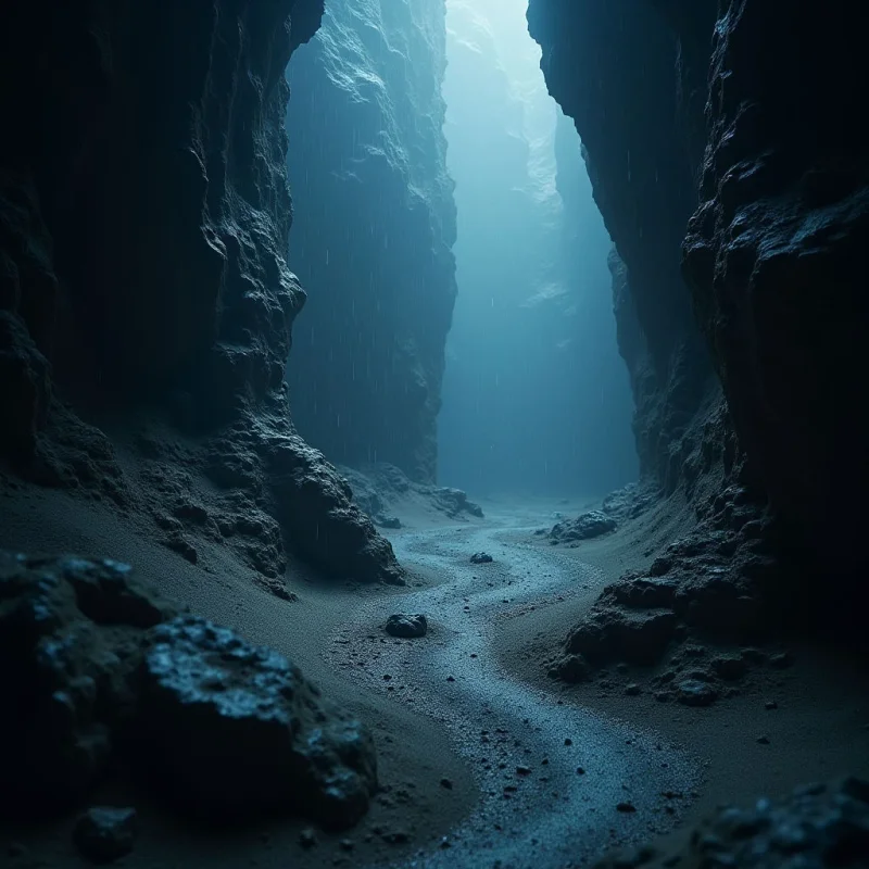 Deep blue and cool grey tones dominate a narrow canyon defined by towering, jagged rock walls with rough, craggy textures. A winding path of fine gravel leads the eye from the dark foreground toward a bright, hazy light filtering through the top of the gorge. Vertical lines from falling rain intersect the verticality of the cliffs, creating a sense of depth within the enclosed space.