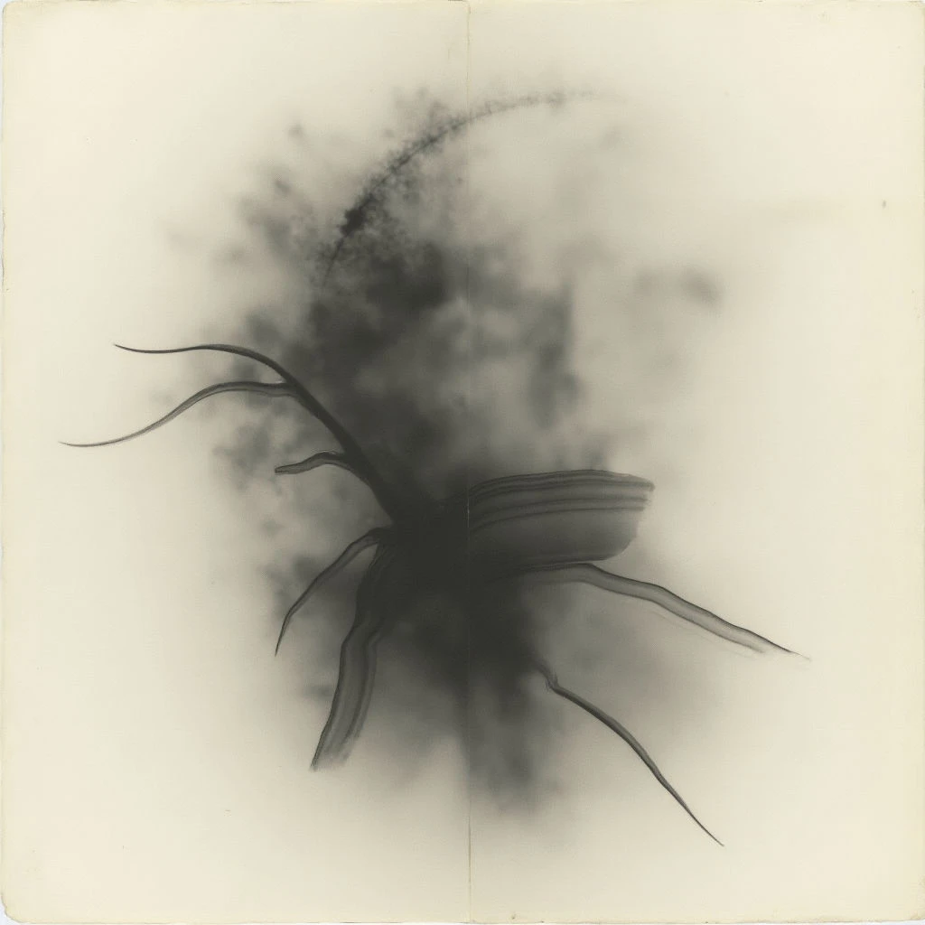 A dark, elongated insect shape dominates the center of a pale background, appearing almost ghostly and out-of-focus. Wisps of shadow extend outwards from its body like smoke or blurred wings. The form suggests a spider or beetle, but is rendered in soft tones that obscure precise details.